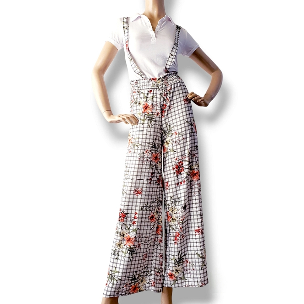 Common Crush Floral Windowpane High Waist, Wide Leg, Criss Cross Overall Pants - Picture 8 of 8